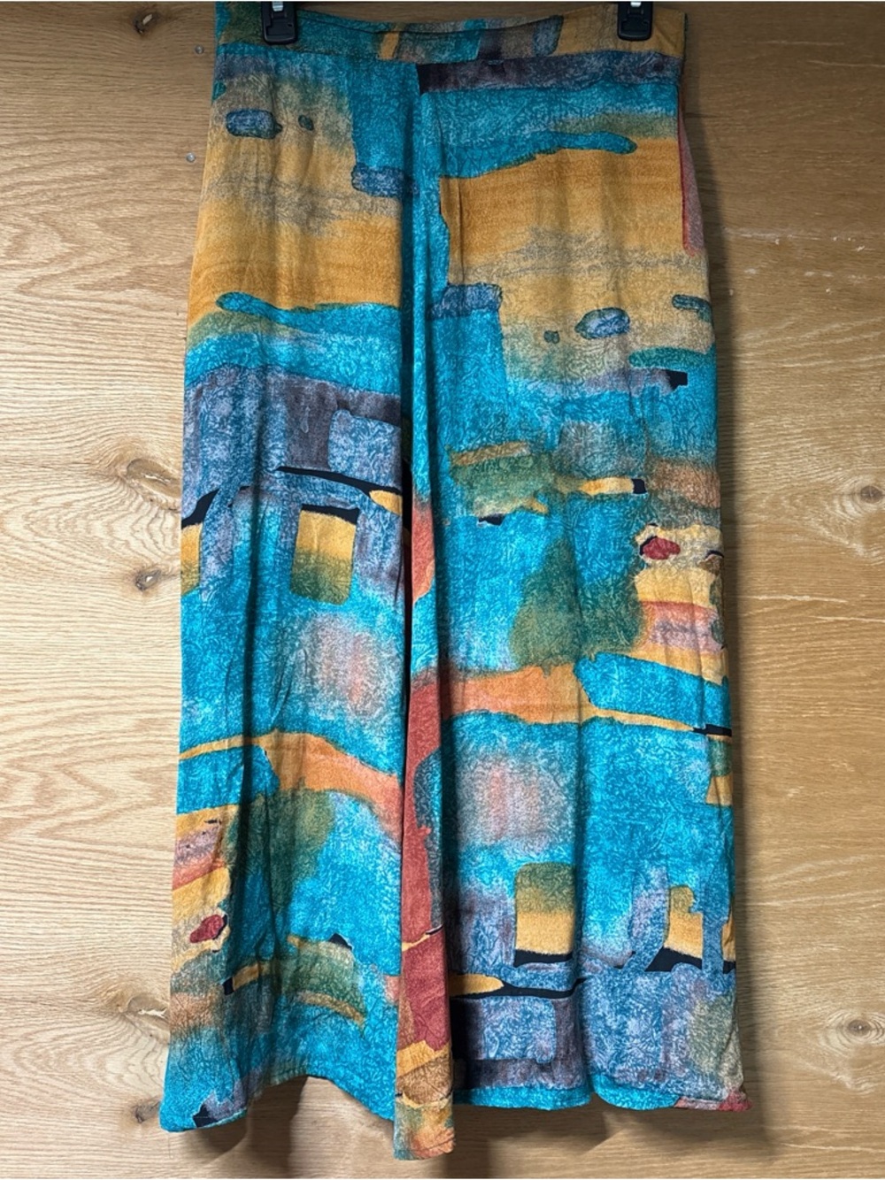 Vintage Abstract Print Flowing Maxi  Skirt in Turquoise & Mustard